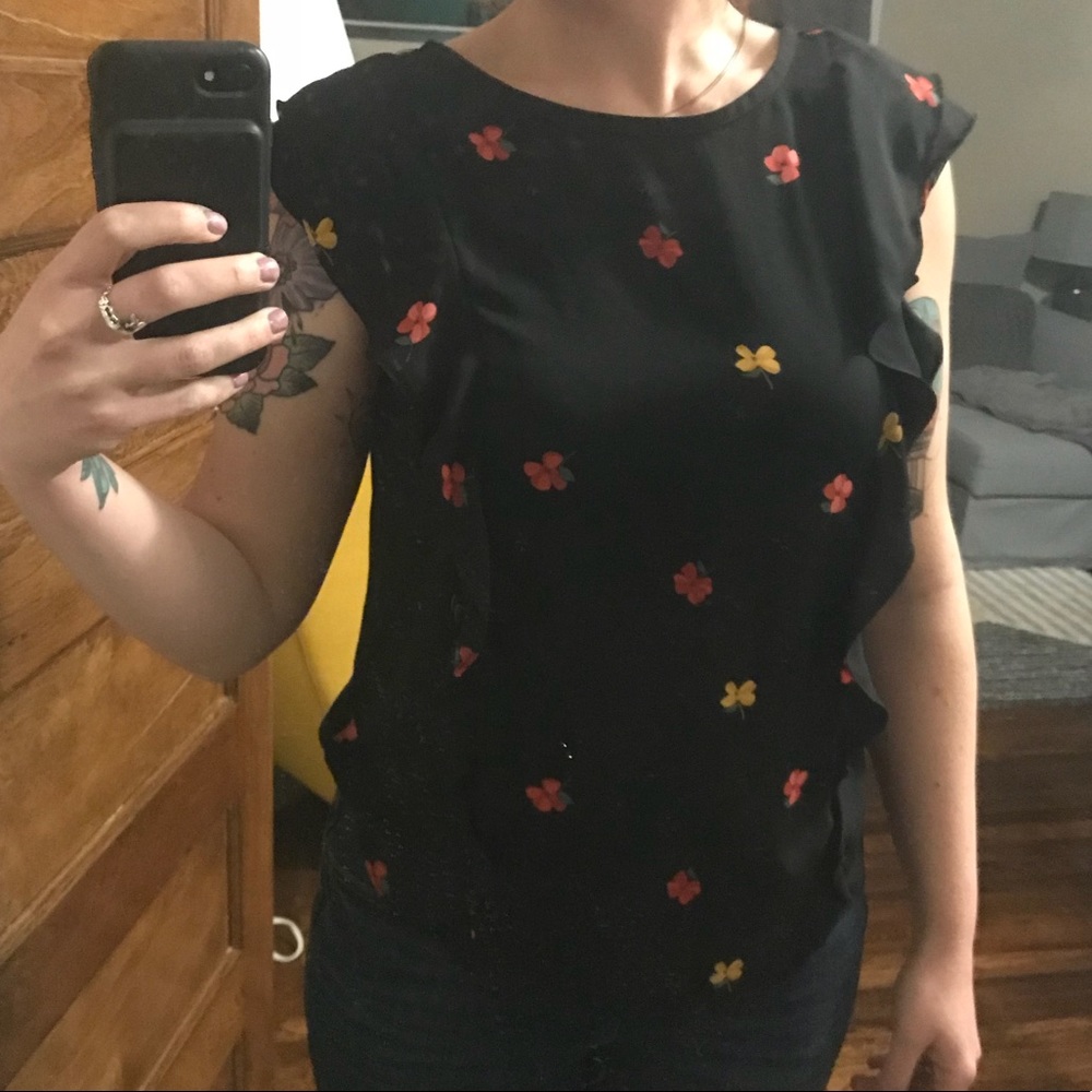 Sweet Pink & Yellow Floral Cap-Sleeved Blouse